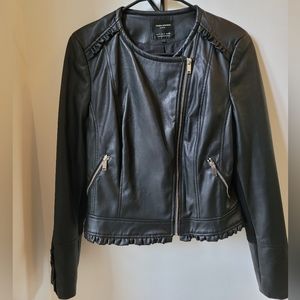 Zara Trafaluc Moto Jacket in Black Vegan Leather with Ruffle Detail